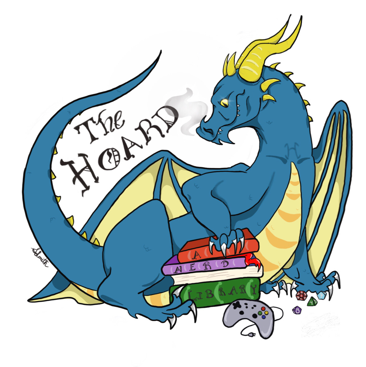 A drawing of a dragon holding books, dice, and a game controller.